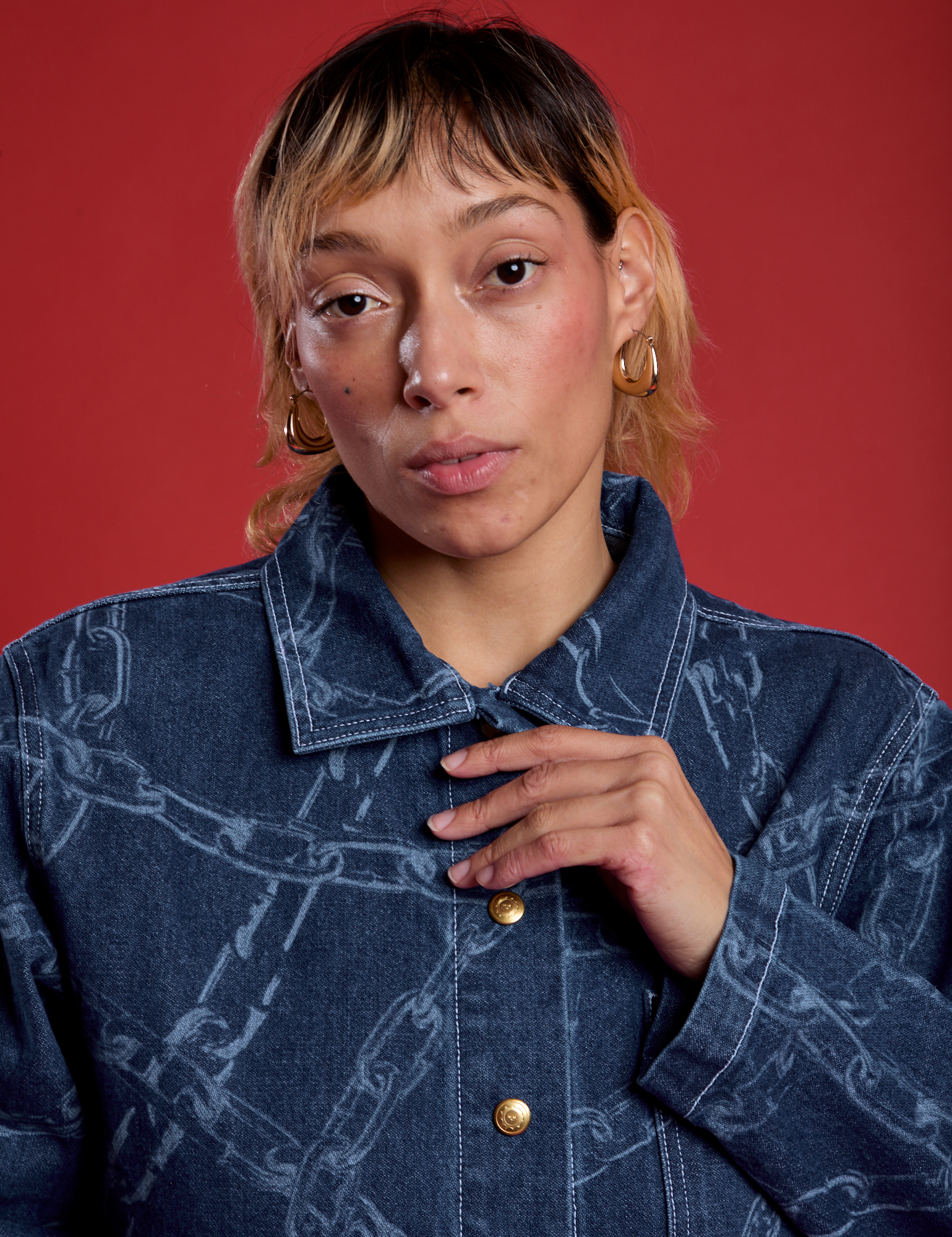 Close up of Tiara wearing the Chain Link Work Jacket buttoned up