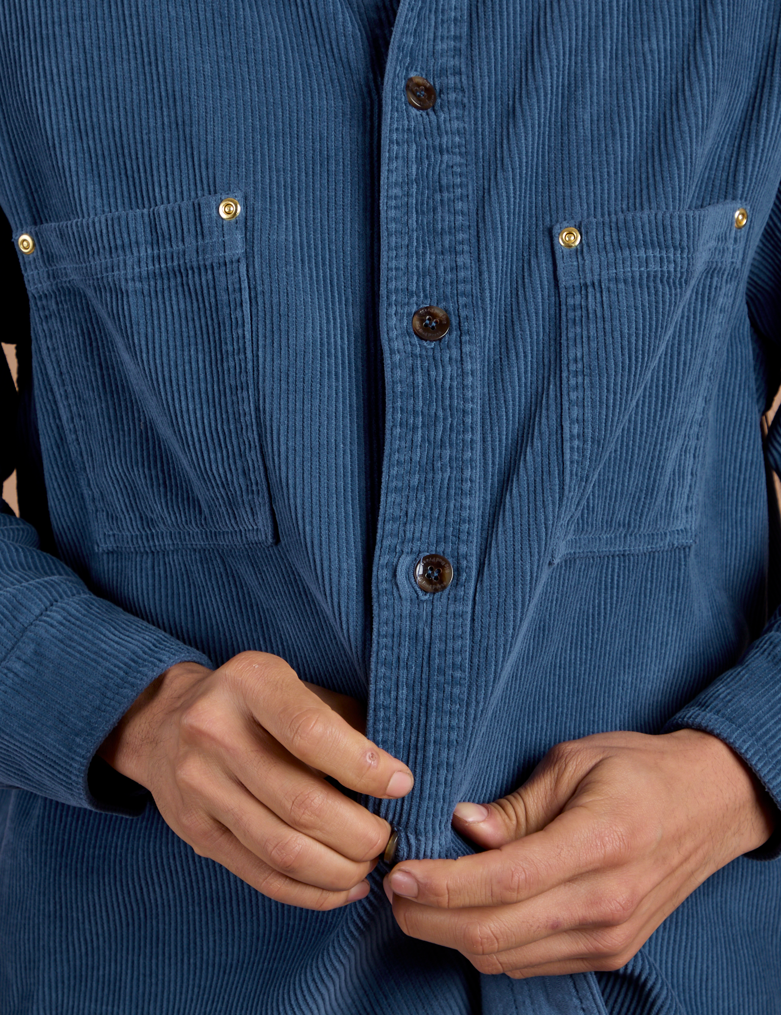 Front close up of Cropped Corduroy Overshirt in French Blue on Anthony