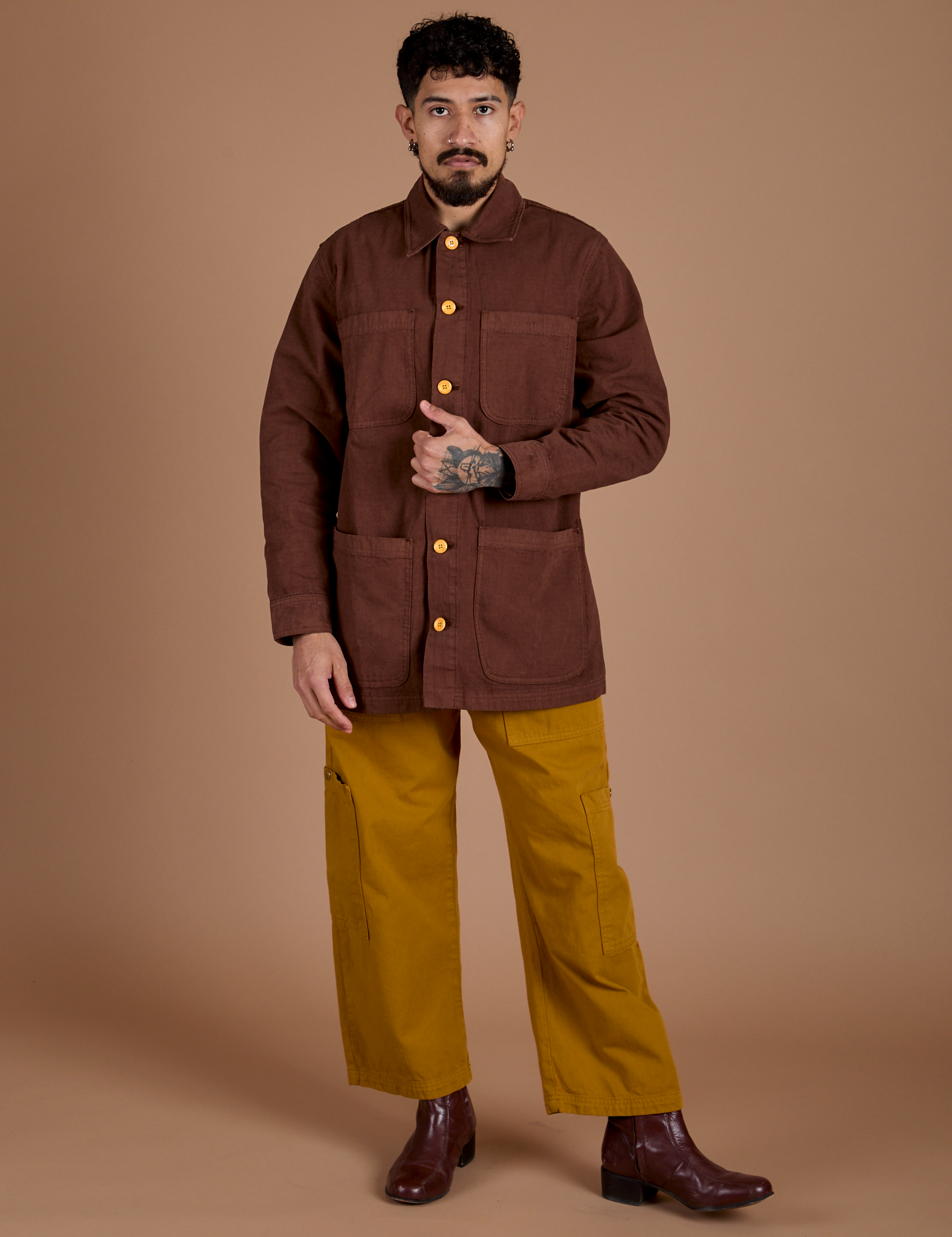 Ripstop Field Coat in Fudgesicle Brown and spicy mustard Drop Pocket Cargo Pants on Jesse