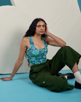 Cropped Tank Top in Angel Print and evergreen Drop Pocket Cargo Pants worn by Shahana