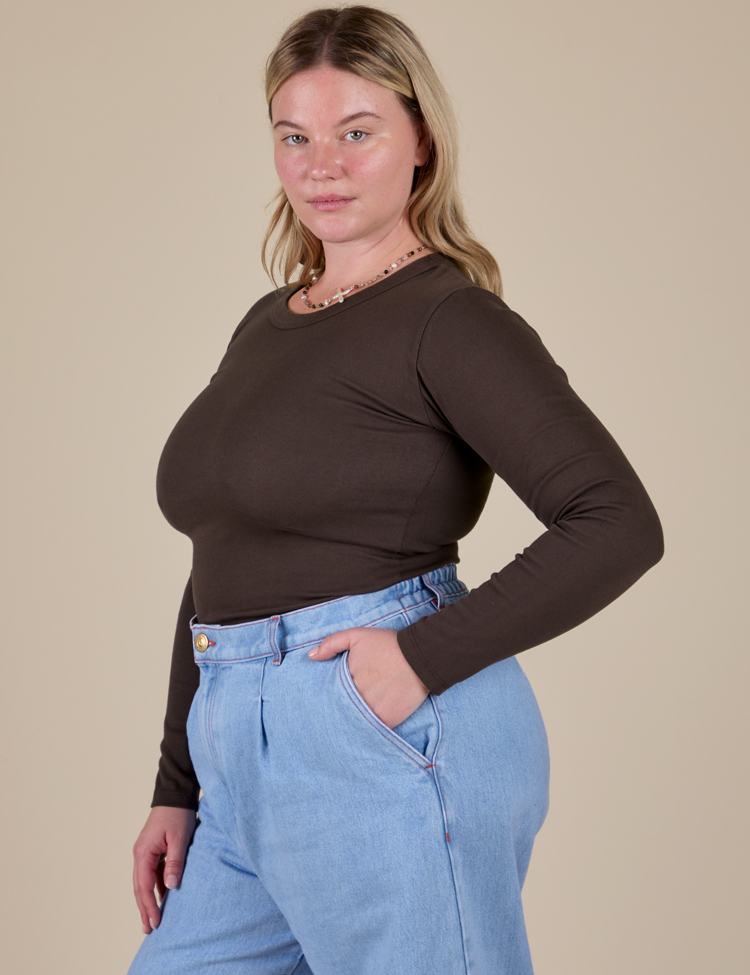 Side view of Long Sleeve Baby Tee in Espresso Brown on Lish