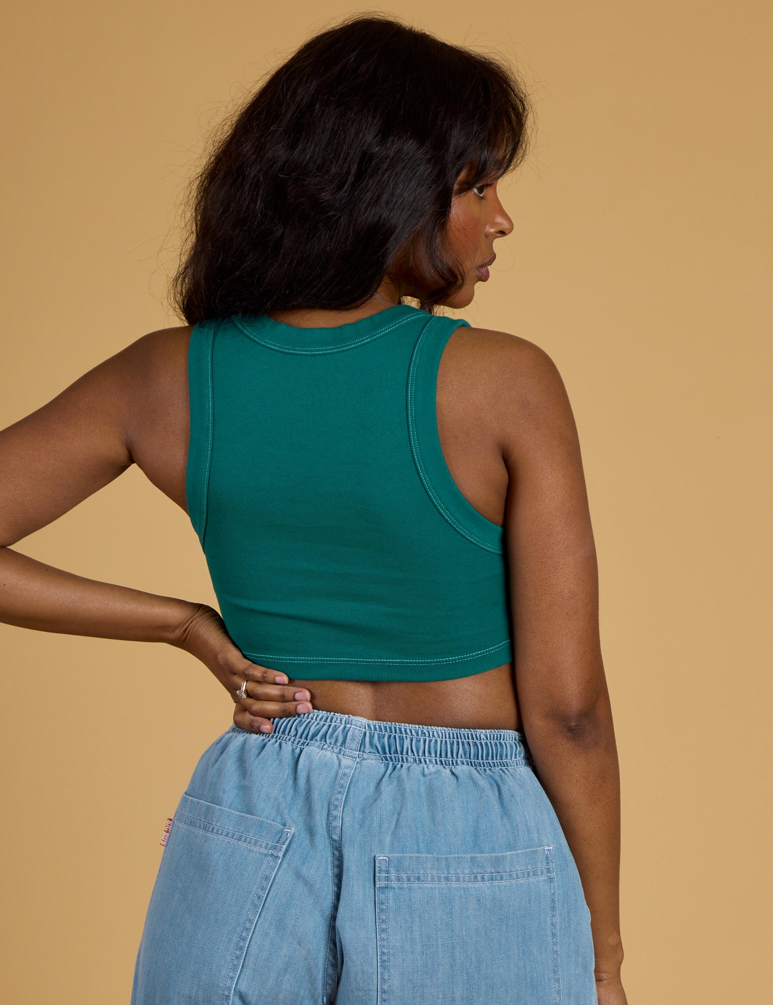 Contrast Stitch Mini Tank in Hunter Green back view on Kandia