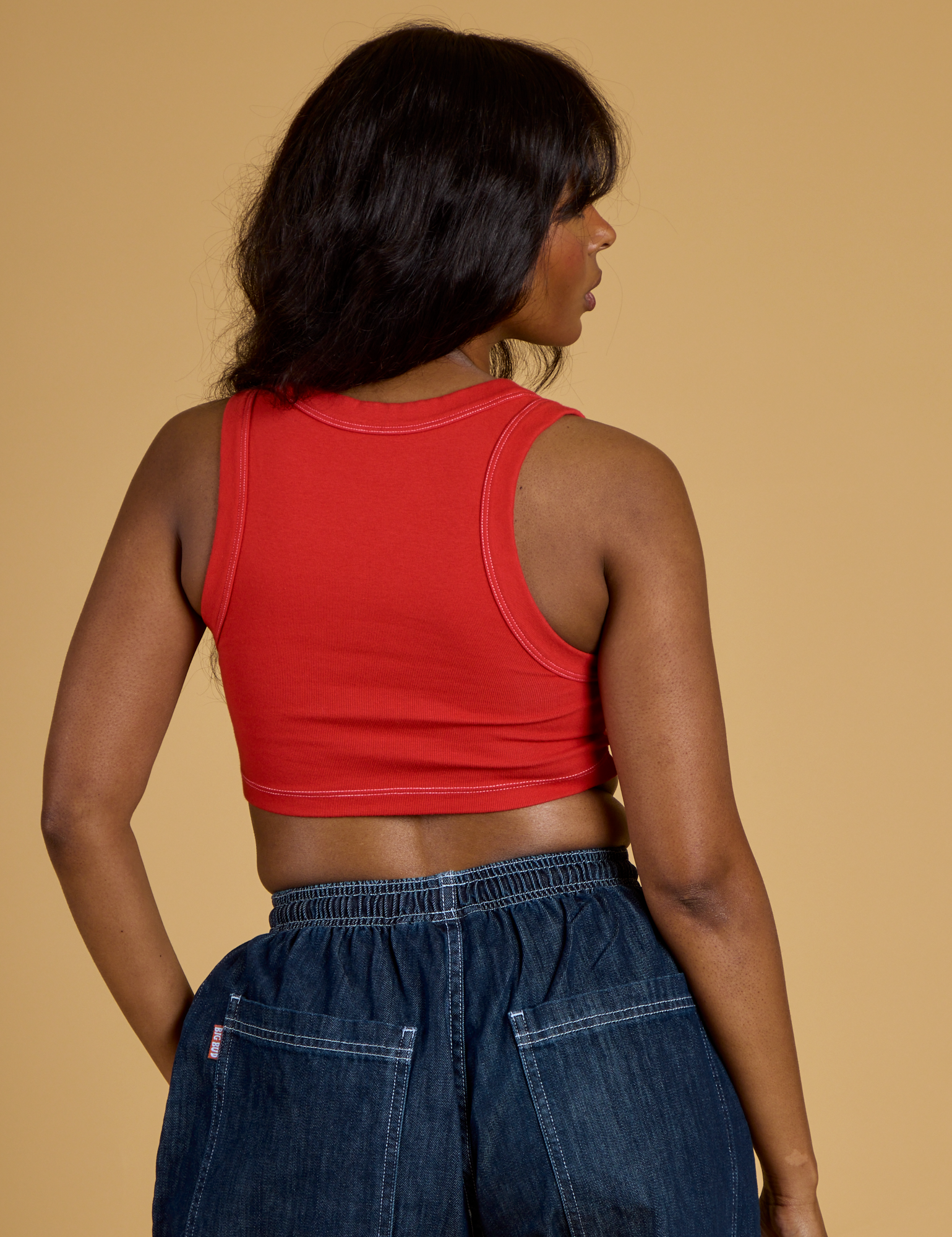 Contrast Stitch Mini Tank in Mustang Red back view on Kandia