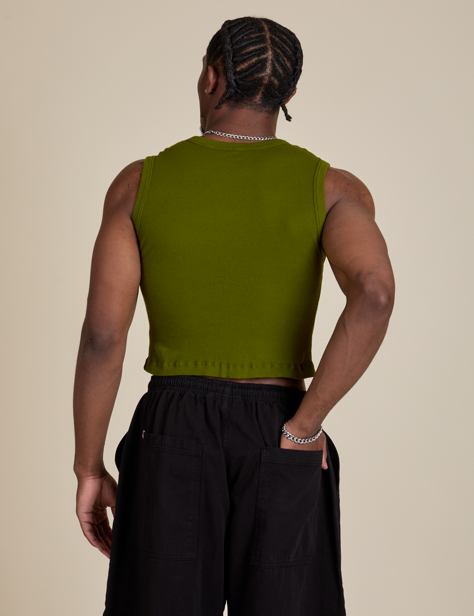 Muscle Tee in Summer Olive back view on Isaac