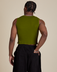 Muscle Tee in Summer Olive back view on Isaac