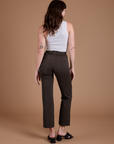 Back view of Organic Work Pants in Espresso Brown and vintage tee white Cropped Tank on Alex