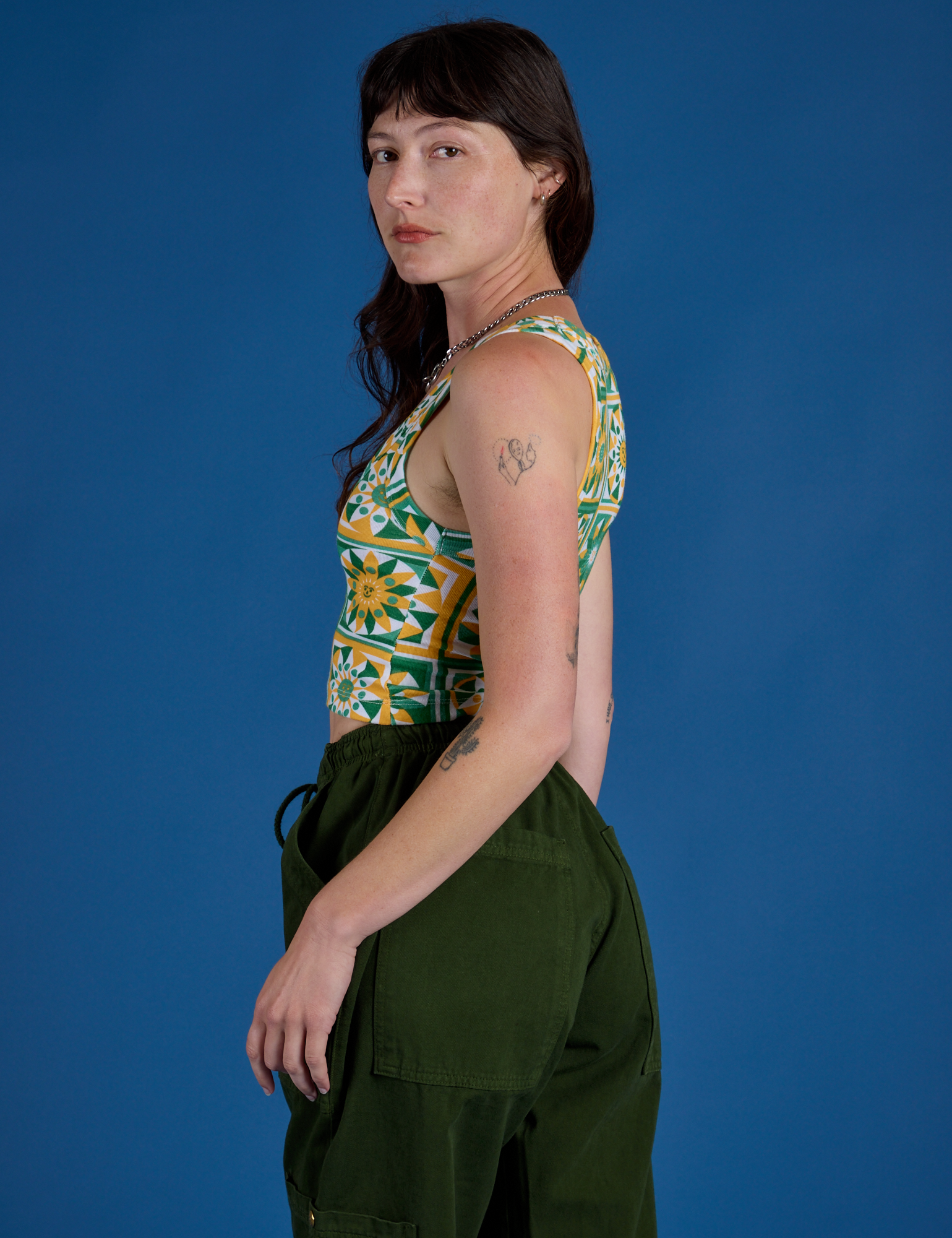 Cropped Tank Top in Spring Quilt Print side view on Alex