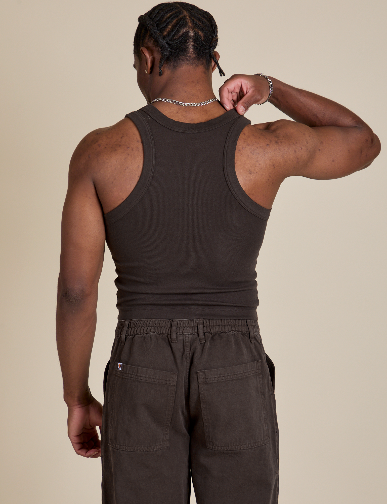 Racerback Tank in Espresso Brown back view on Isaac