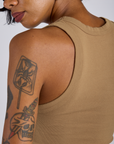 Cropped Tank Top in Desert Brown angled back view close up on Kira