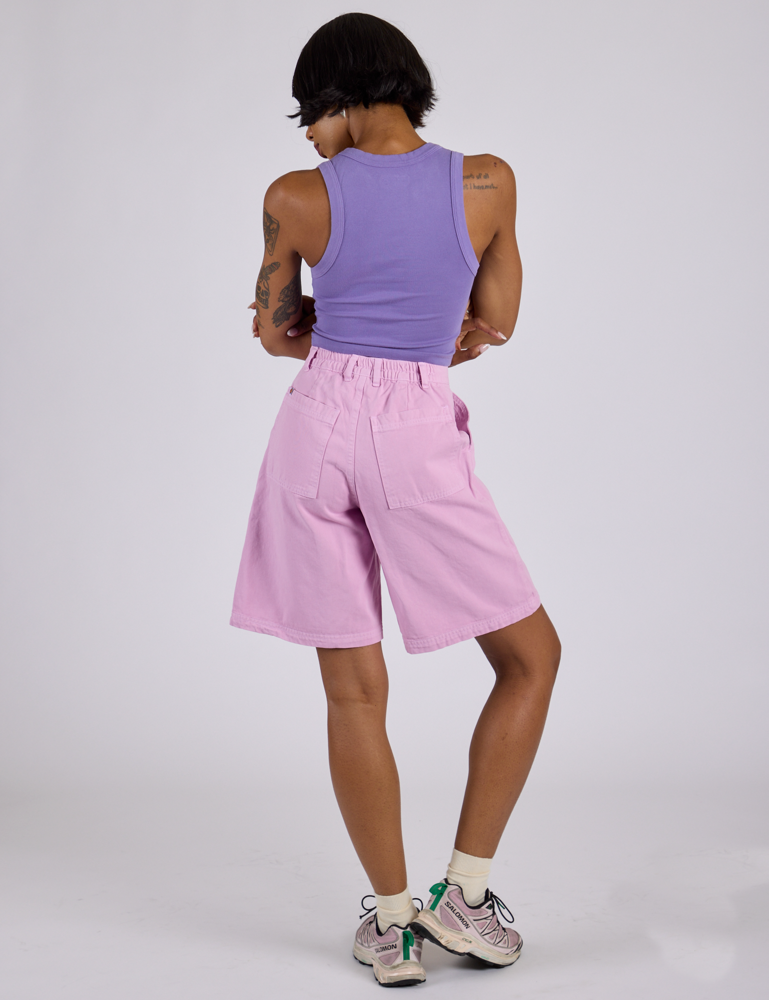 Back view of Longline Work Shorts in Lilac Purple and faded grape Cropped Tank