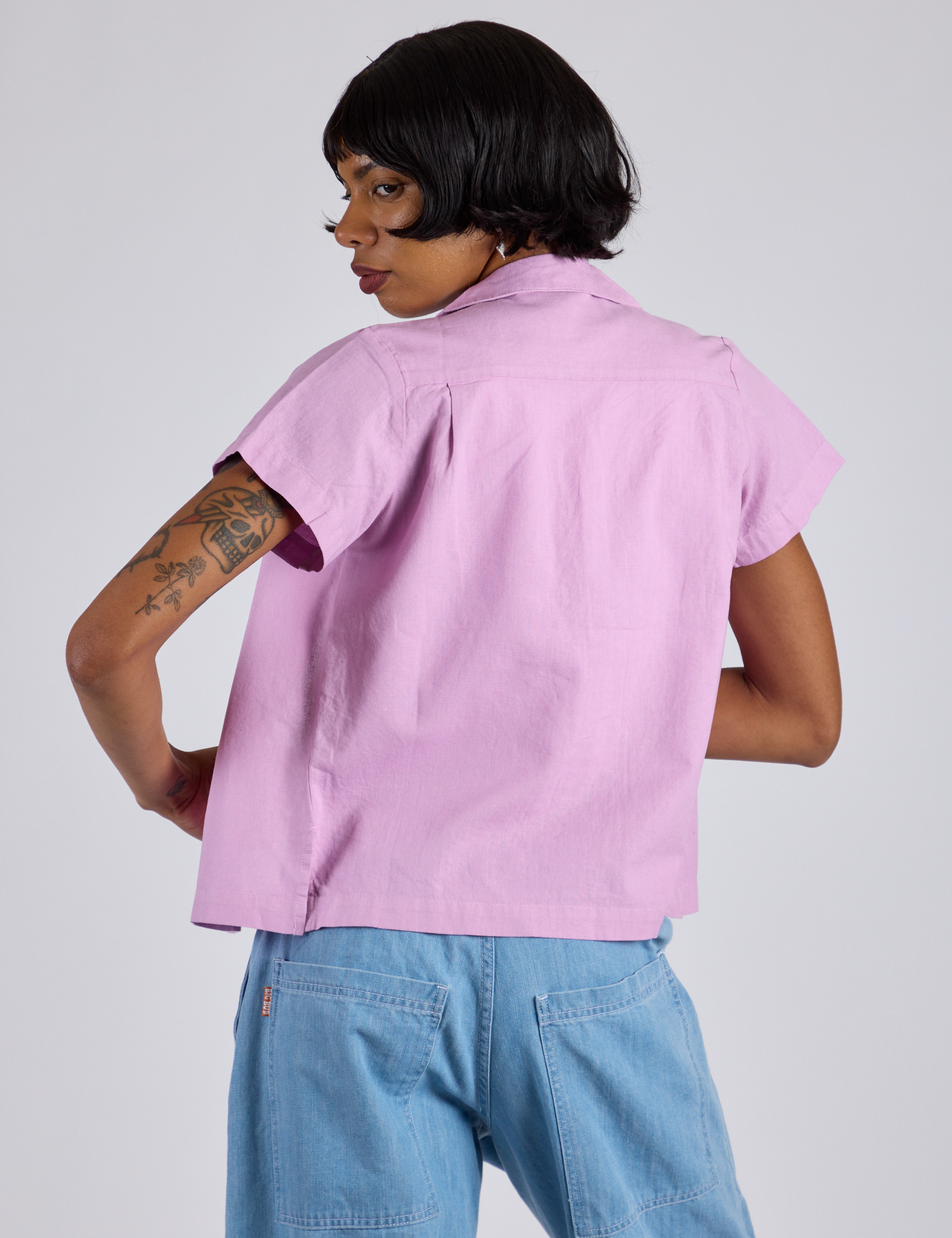 Pantry Button-Up in Lilac Purple back view on Kira