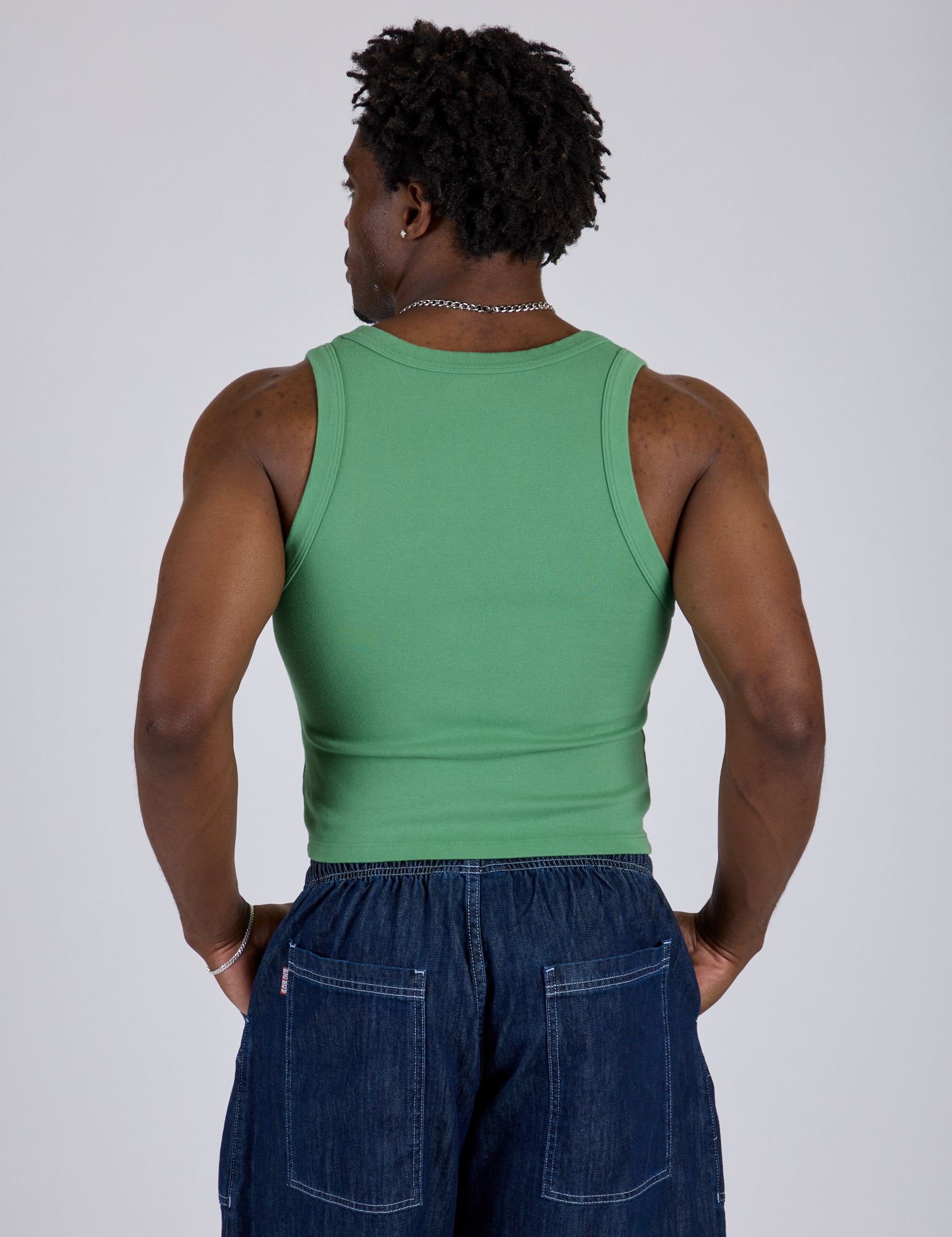 Cropped Tank Top in Seafoam Green back view on Isaac
