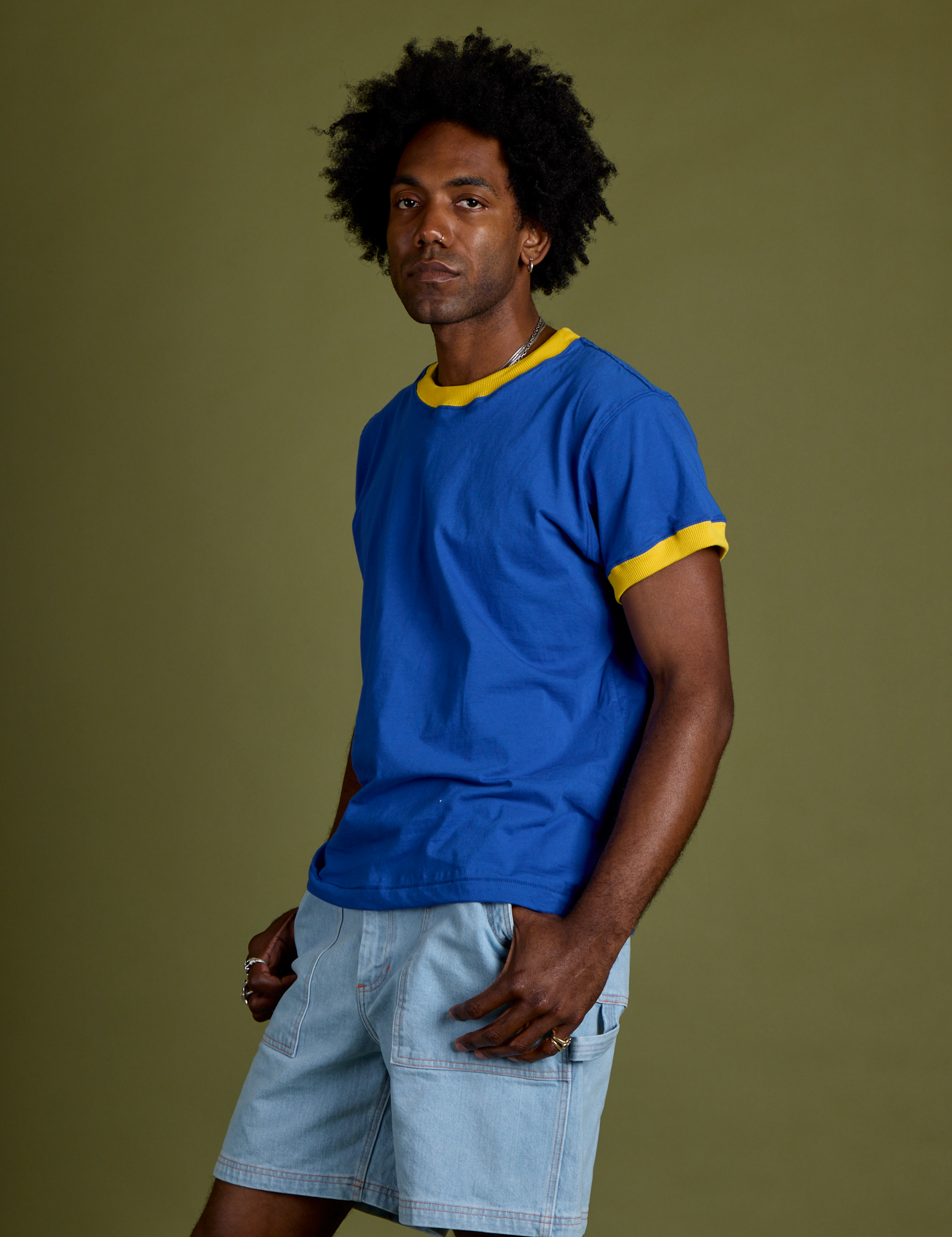 Vintage Ringer Tee in Royal Blue angled front view on Jerrod