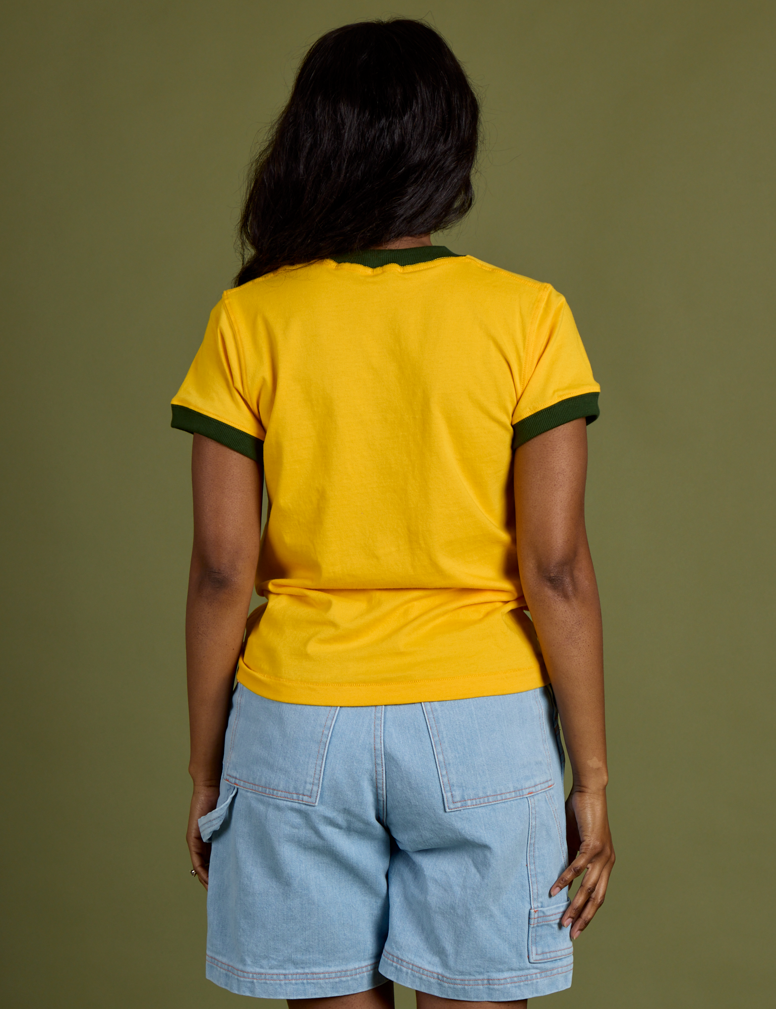 Vintage Ringer Tee in Sunshine Yellow back view on Kandia