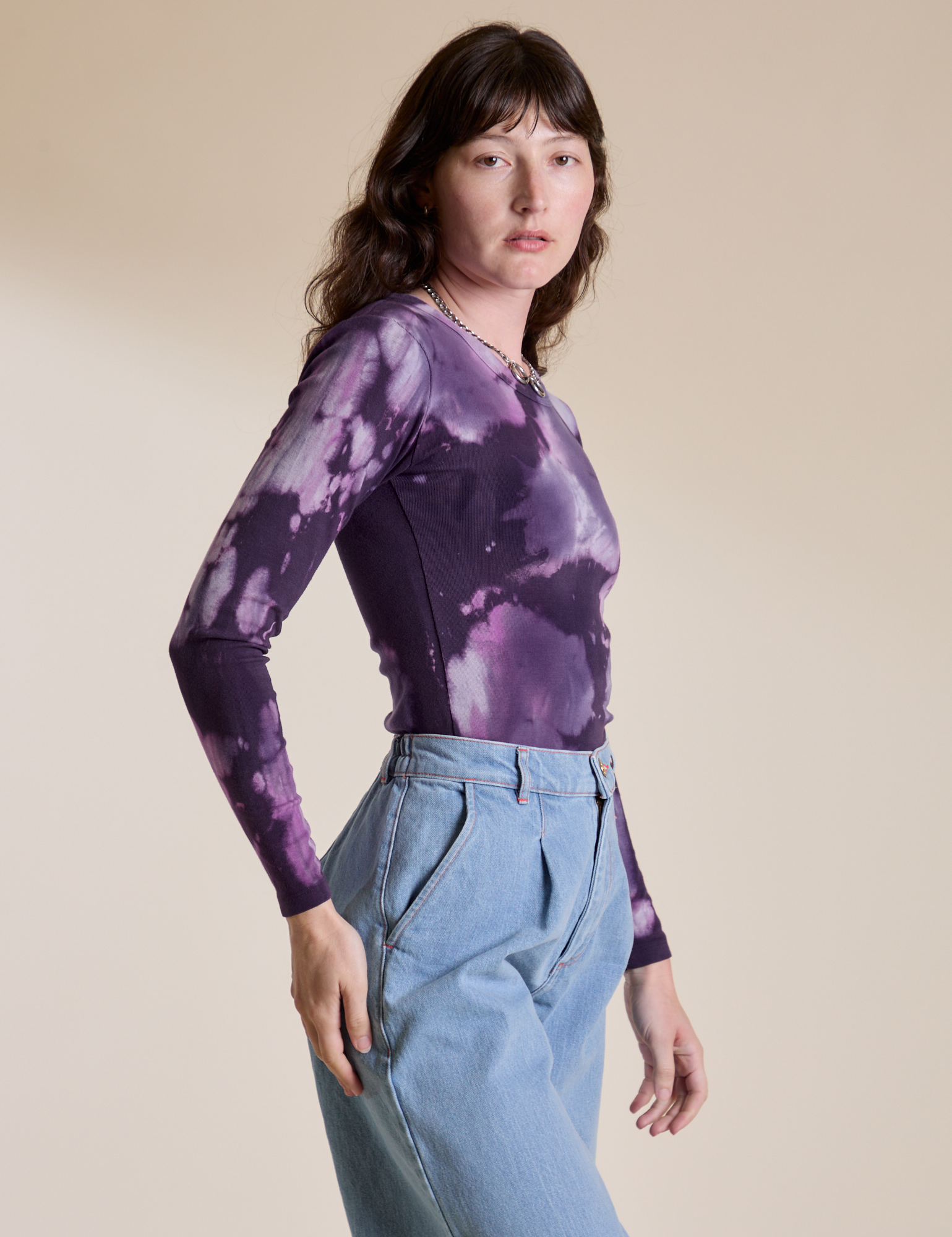 Long Sleeve Baby Tee in Dark Lavender side view on Alex