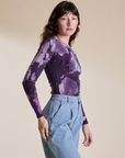 Long Sleeve Baby Tee in Dark Lavender side view on Alex