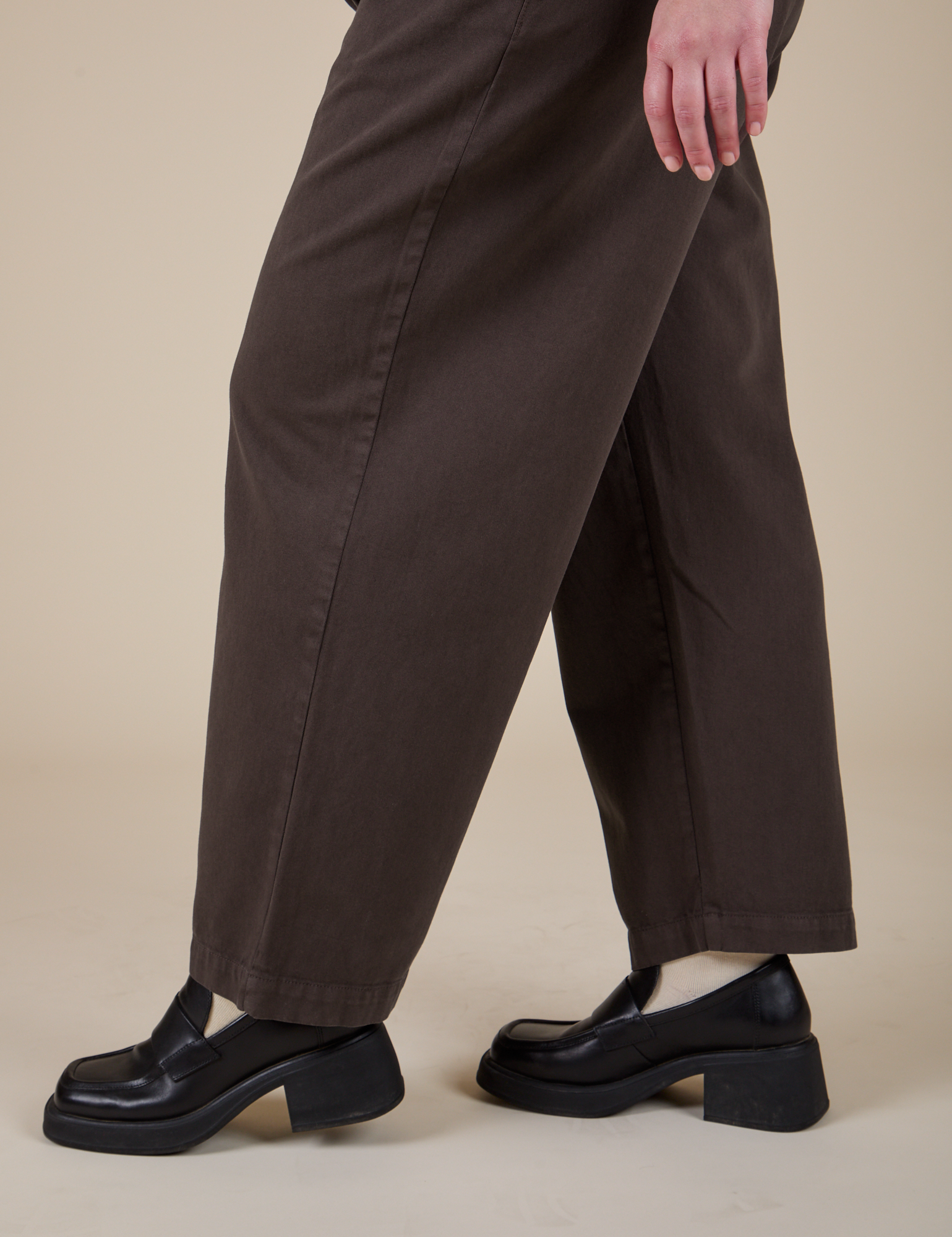 Pant leg side view of Heavyweight Trousers in Espresso Brown on Lish