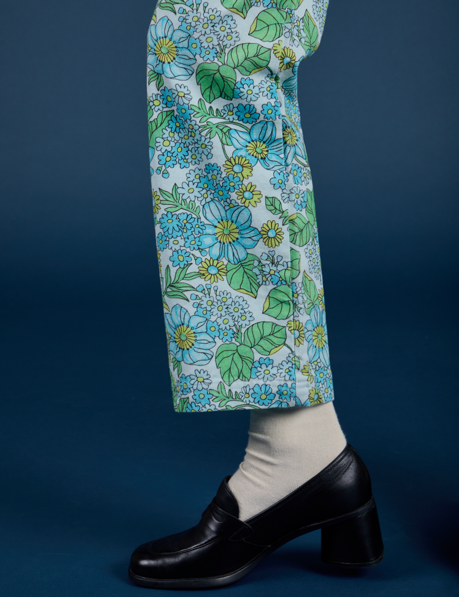 Winter Floral Print Work Pants pant leg close up on Madeline