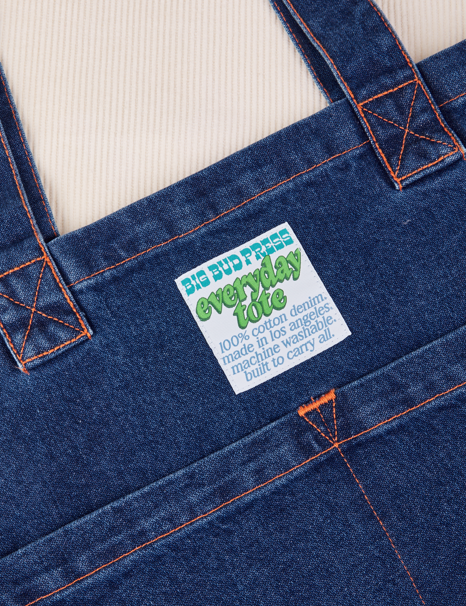 Close up of Denim Everyday Tote Bag in dark wash