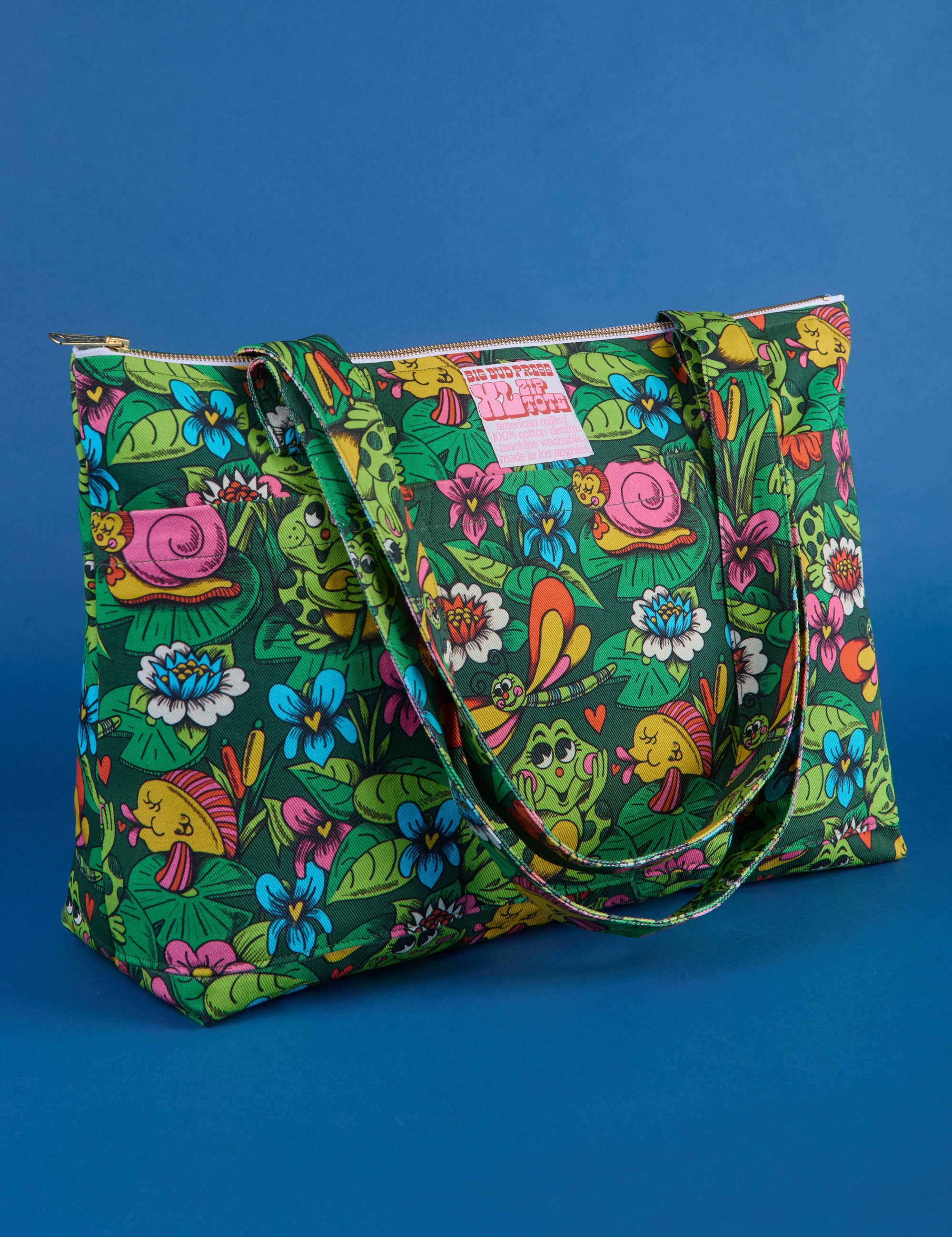 Angled view of Pond Party Printed XL Zip Tote