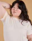 Close up of Organic Vintage Tee in Vintage Off White on Ashley