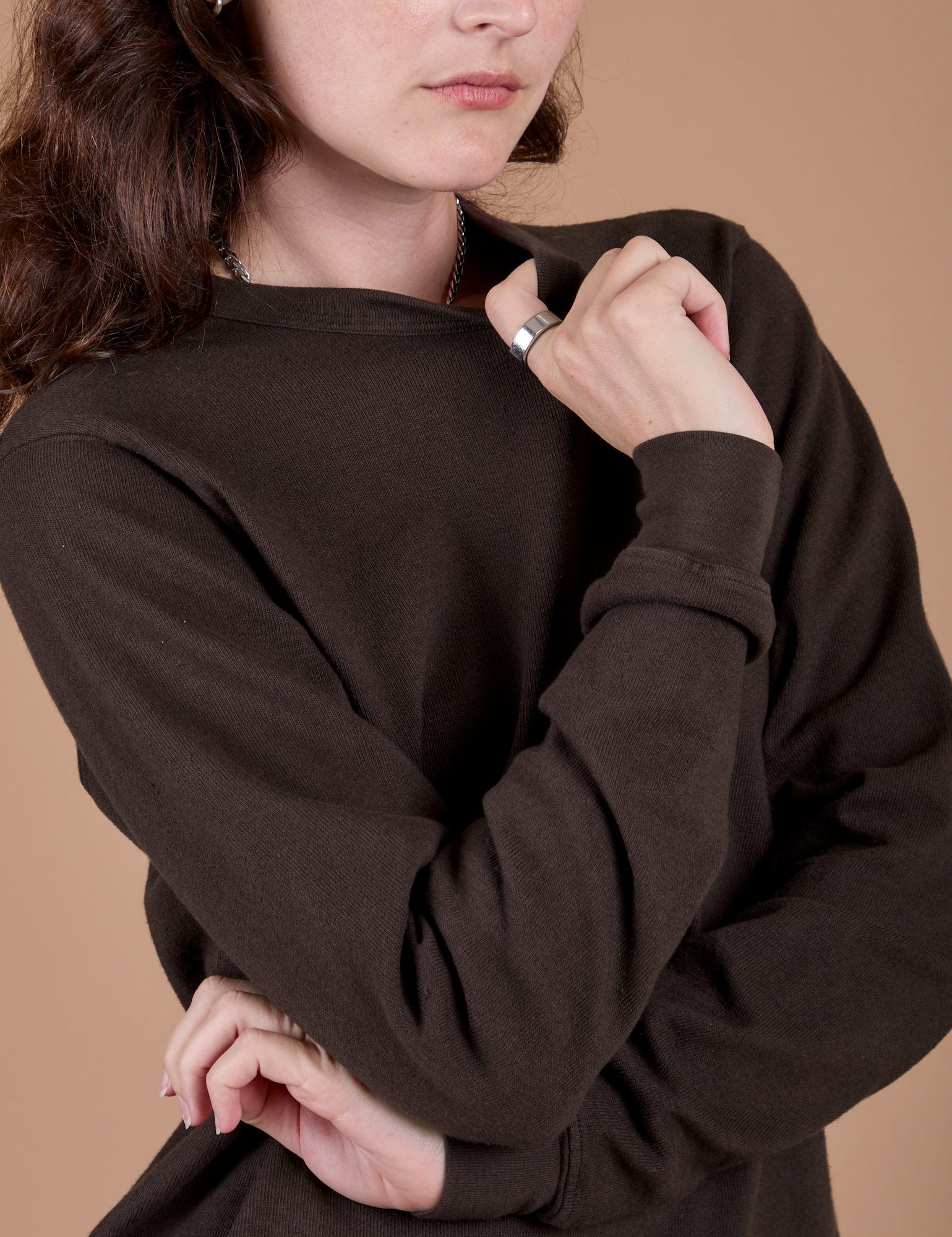 Long Sleeve Burly Tee in Espresso Brown close up on Alex