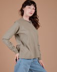 Long Sleeve Burly Tee in Khaki Grey side view on Alex