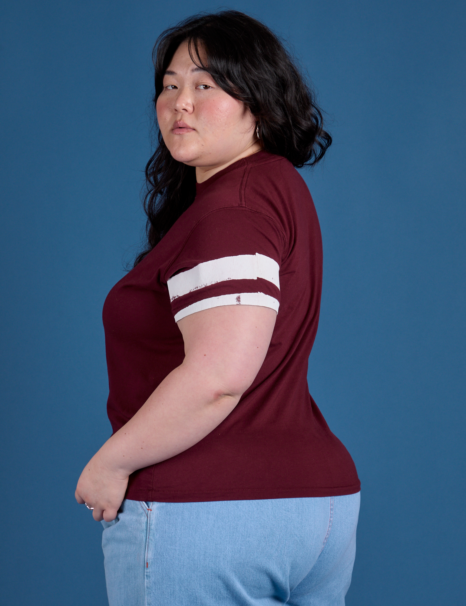 Painted Vintage Tee in Red Wine side view on Ashley