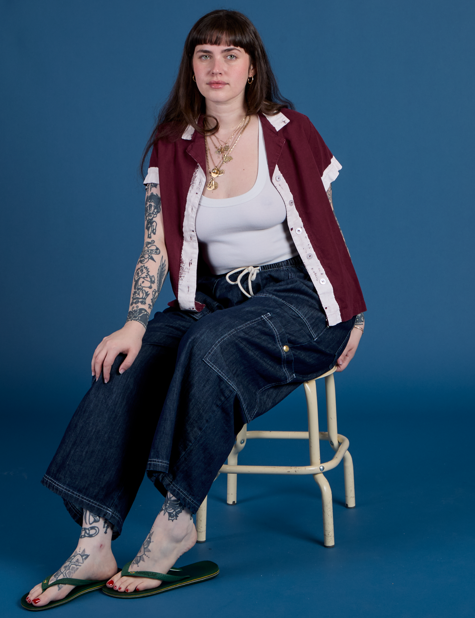 Painted Pantry Button-Up in Red Wine and dark wash Drop Pocket Cargo Pants on Sydney