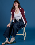 Painted Pantry Button-Up in Red Wine and dark wash Drop Pocket Cargo Pants on Sydney