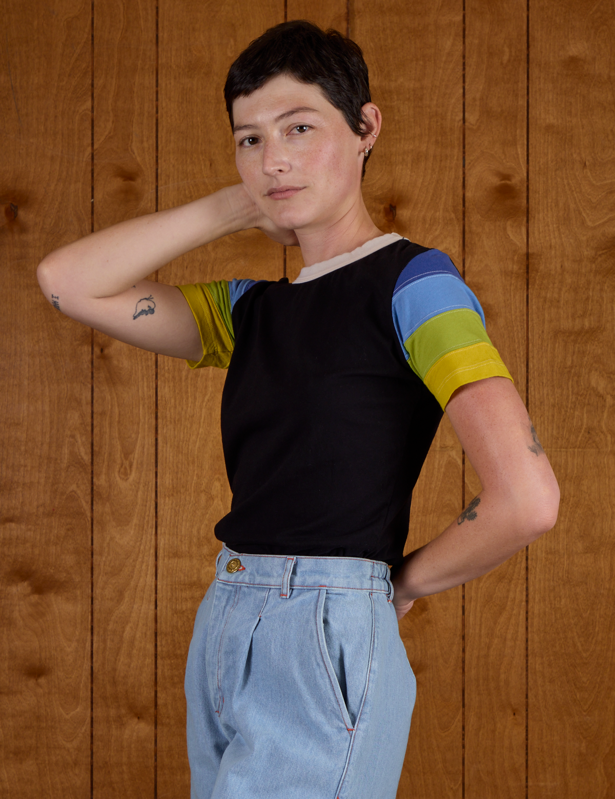 Angled front view of Calypso Tee in Black Multi on Alex