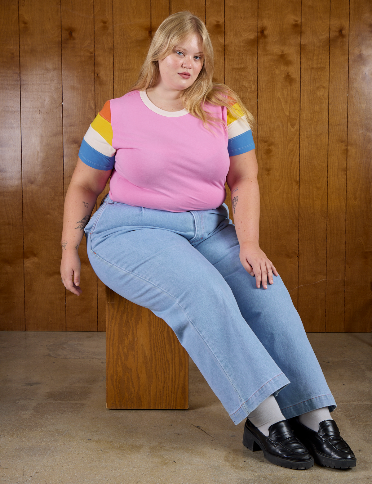 Calypso Tee in Bubblegum Multi and light wash Denim Wide Leg Trousers on Juliet