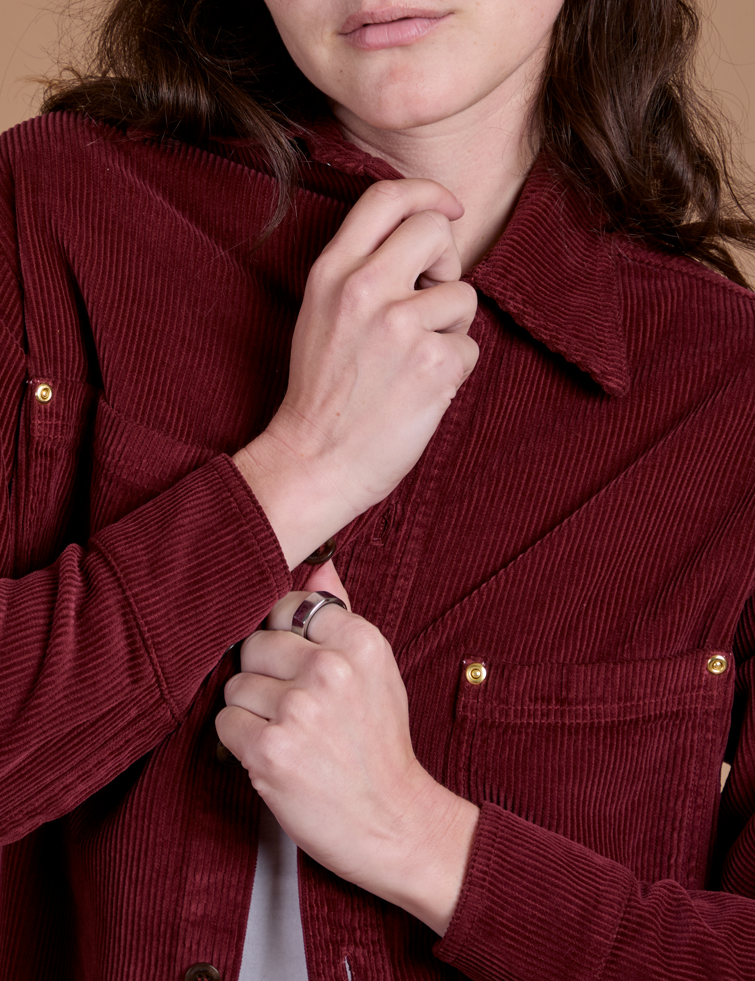 Cropped Corduroy Overshirt in Red Wine front close up on Alex