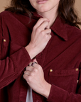 Cropped Corduroy Overshirt in Red Wine front close up on Alex