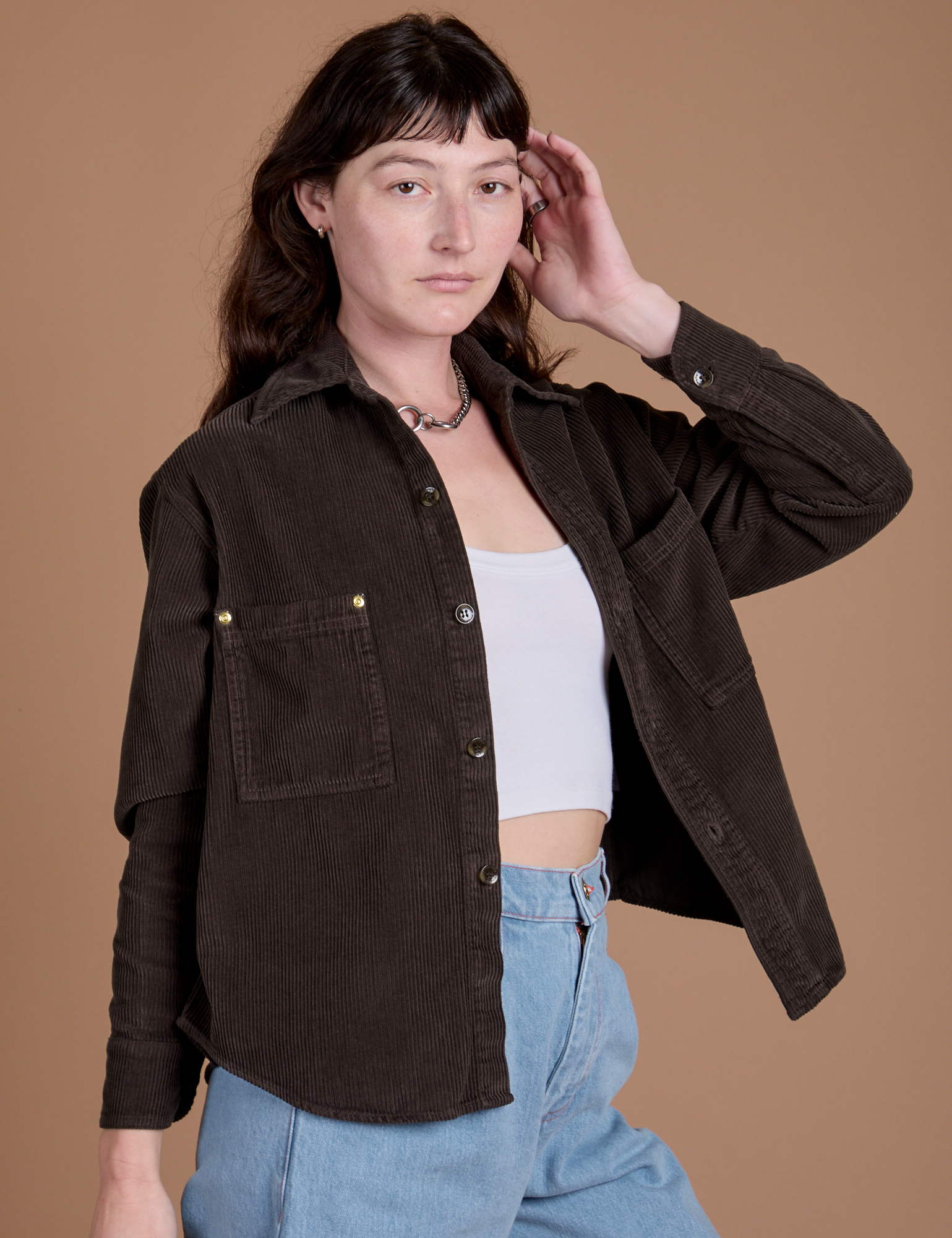 Cropped Corduroy Overshirt in Espresso Brown angled front view on Alex