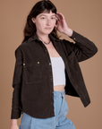 Cropped Corduroy Overshirt in Espresso Brown angled front view on Alex
