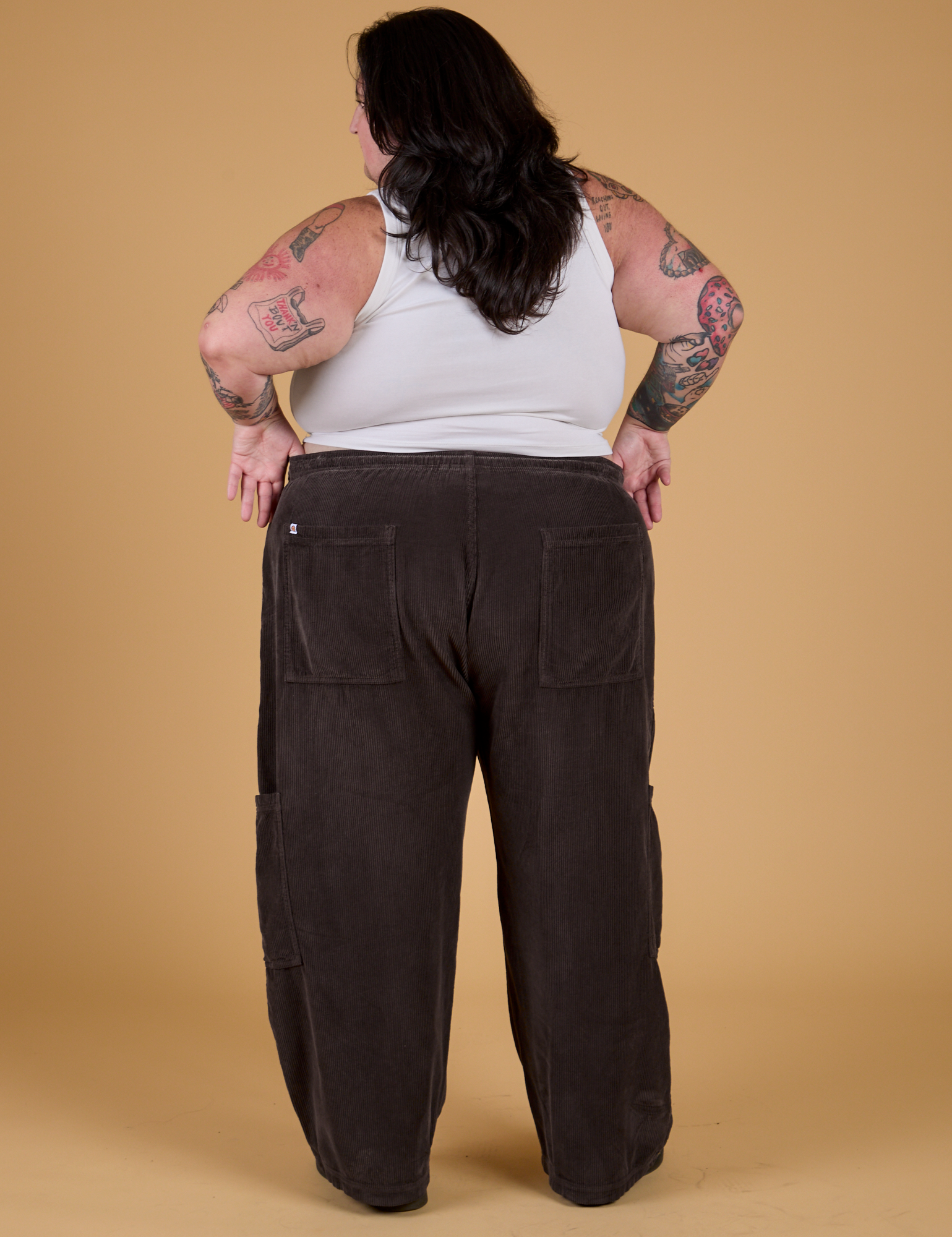 Corduroy Drop Pocket Cargo Pants in Espresso Brown back view on Sam