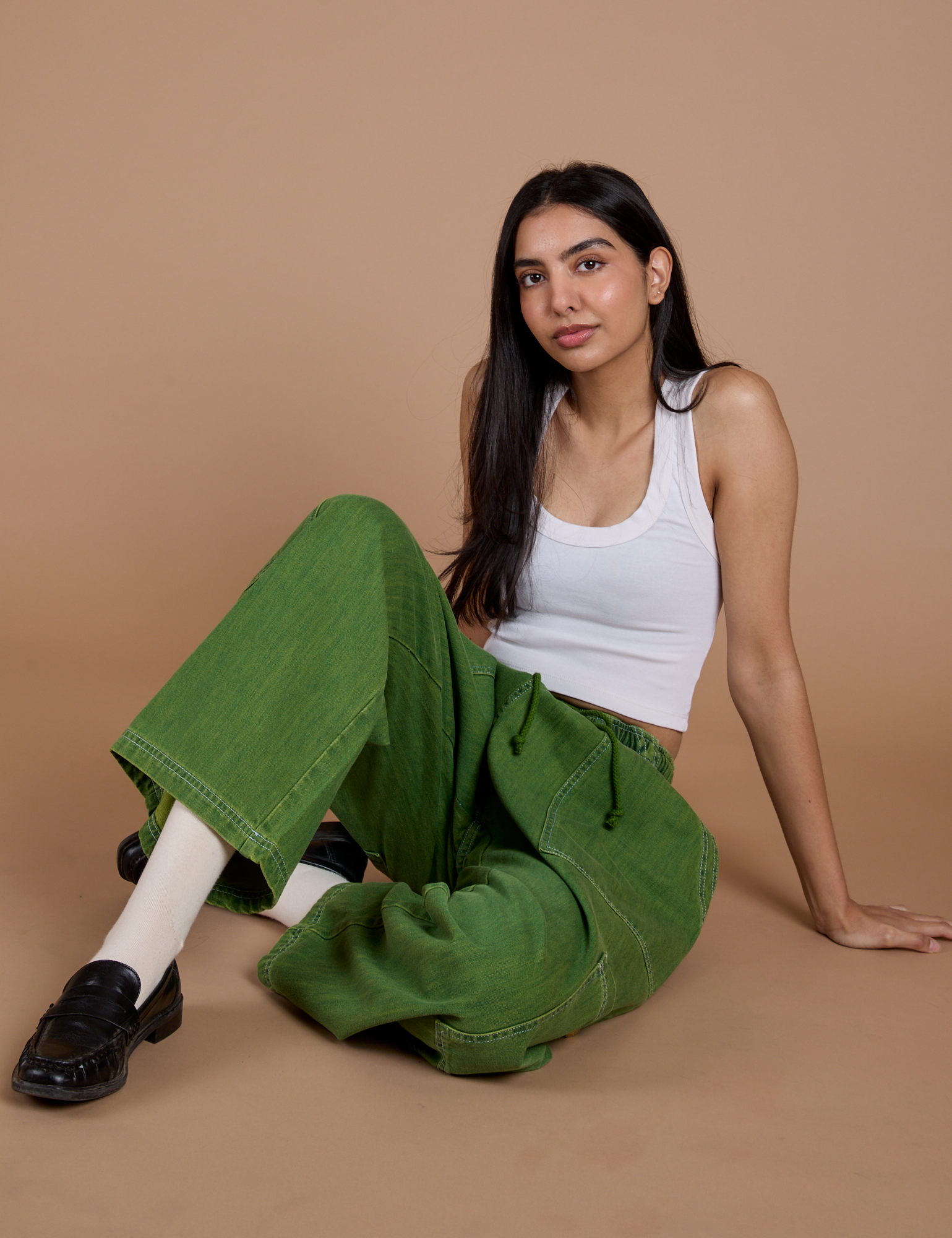 Denim Drop Pocket Pants in Green Overdye and Cropped Tank in Vintage Tee White on Anjaline