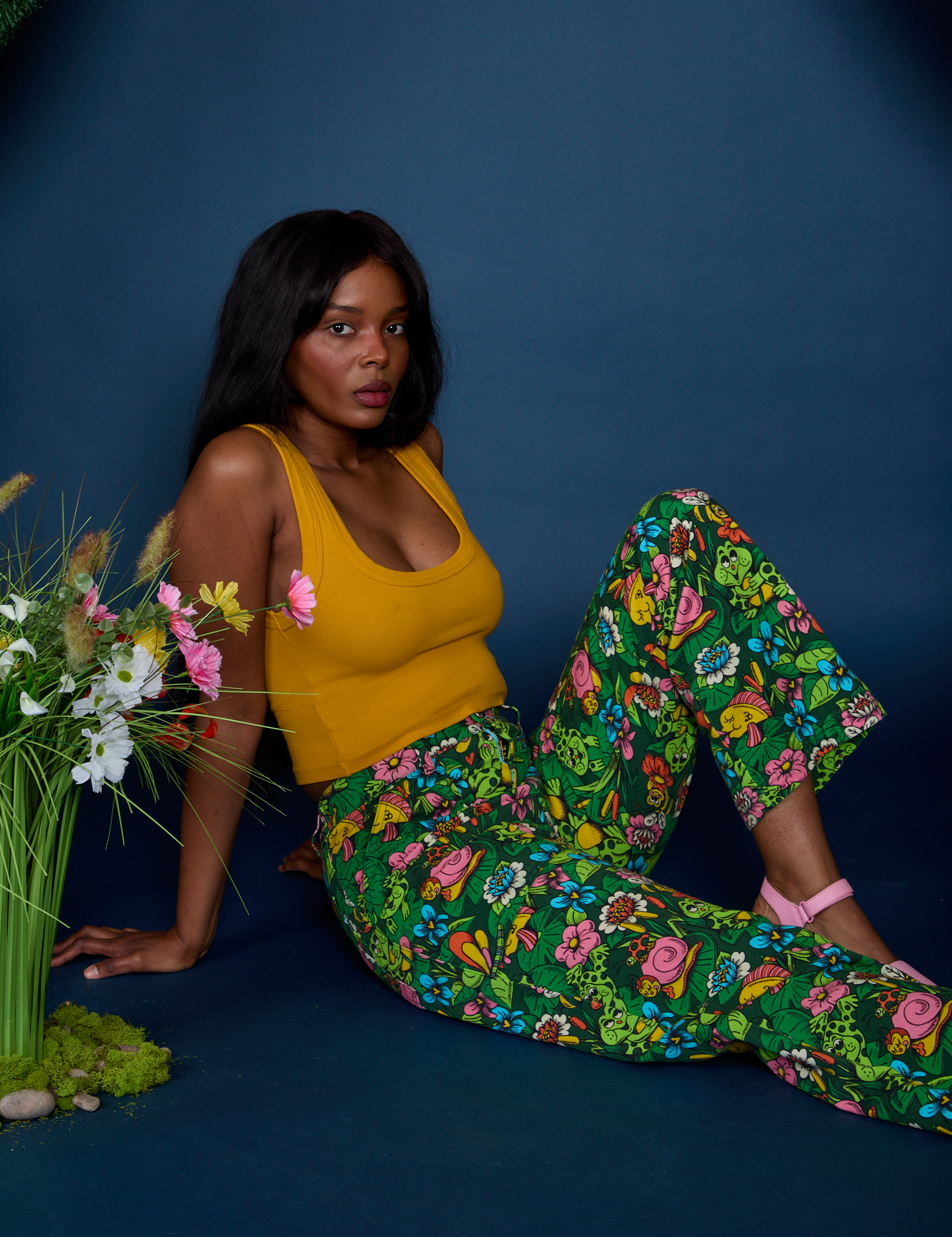 Work Pants in Pond Party and Cropped Tank in Mustard Yellow on Kandia