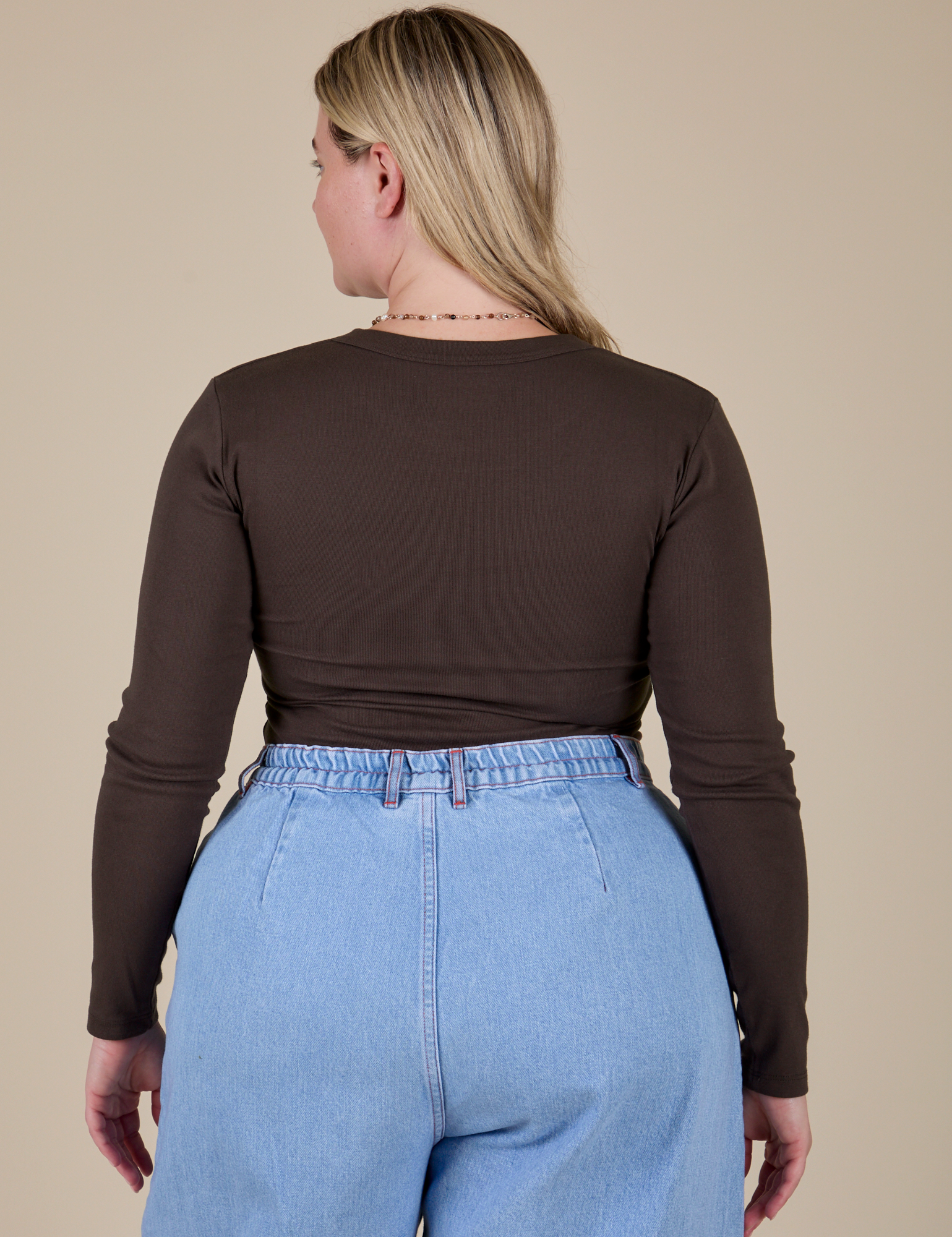 Long Sleeve Baby Tee in Espresso Brown back view on Lish