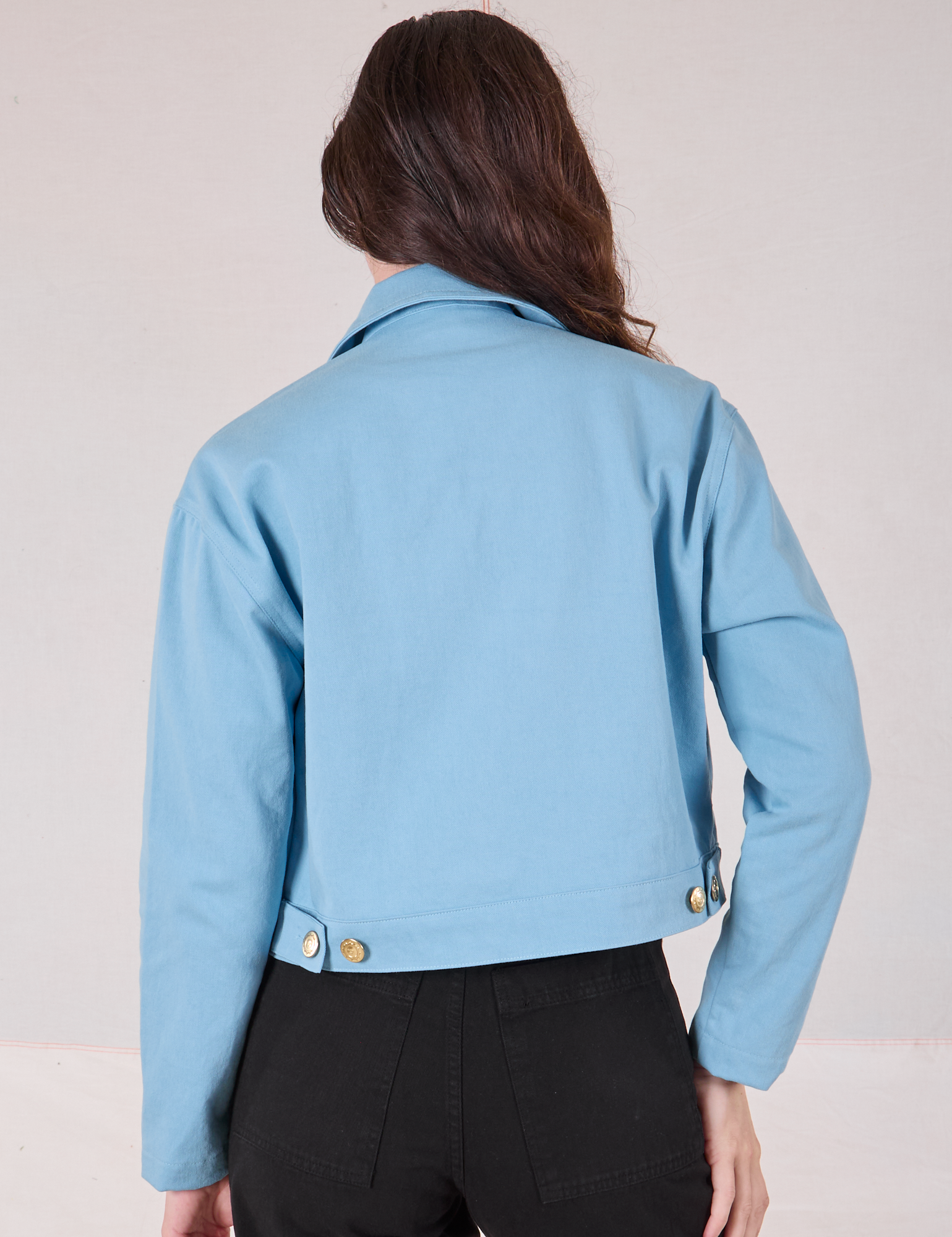 Mechanic Jacket in Baby Blue back view on Alex