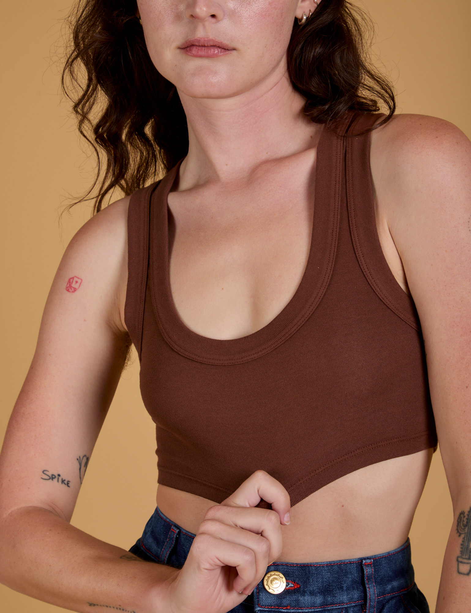 Front close up on Mini Tank in Fudgesicle Brown worn by Alex