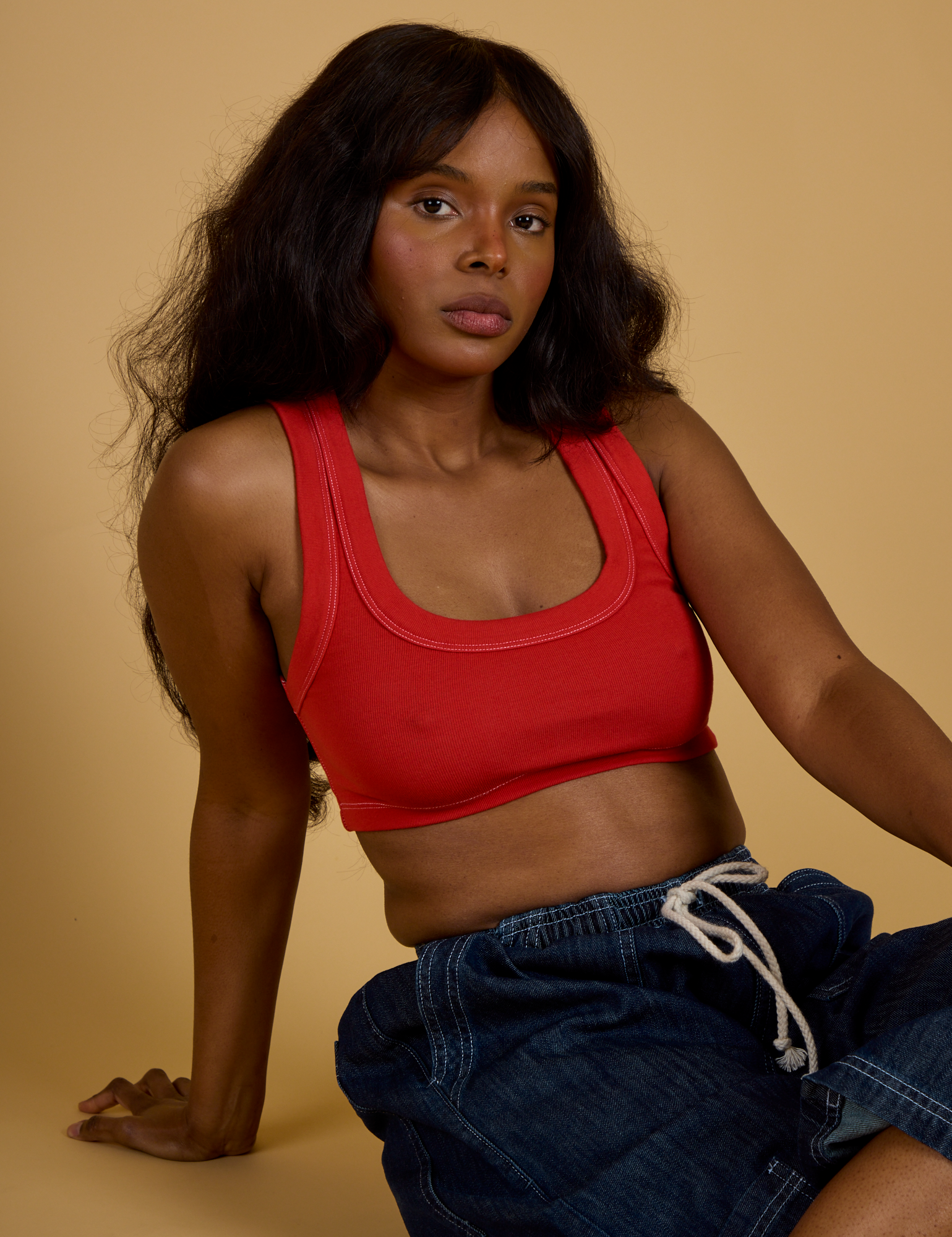 Contrast Stitch Mini Tank in Mustang Red worn by Kandia