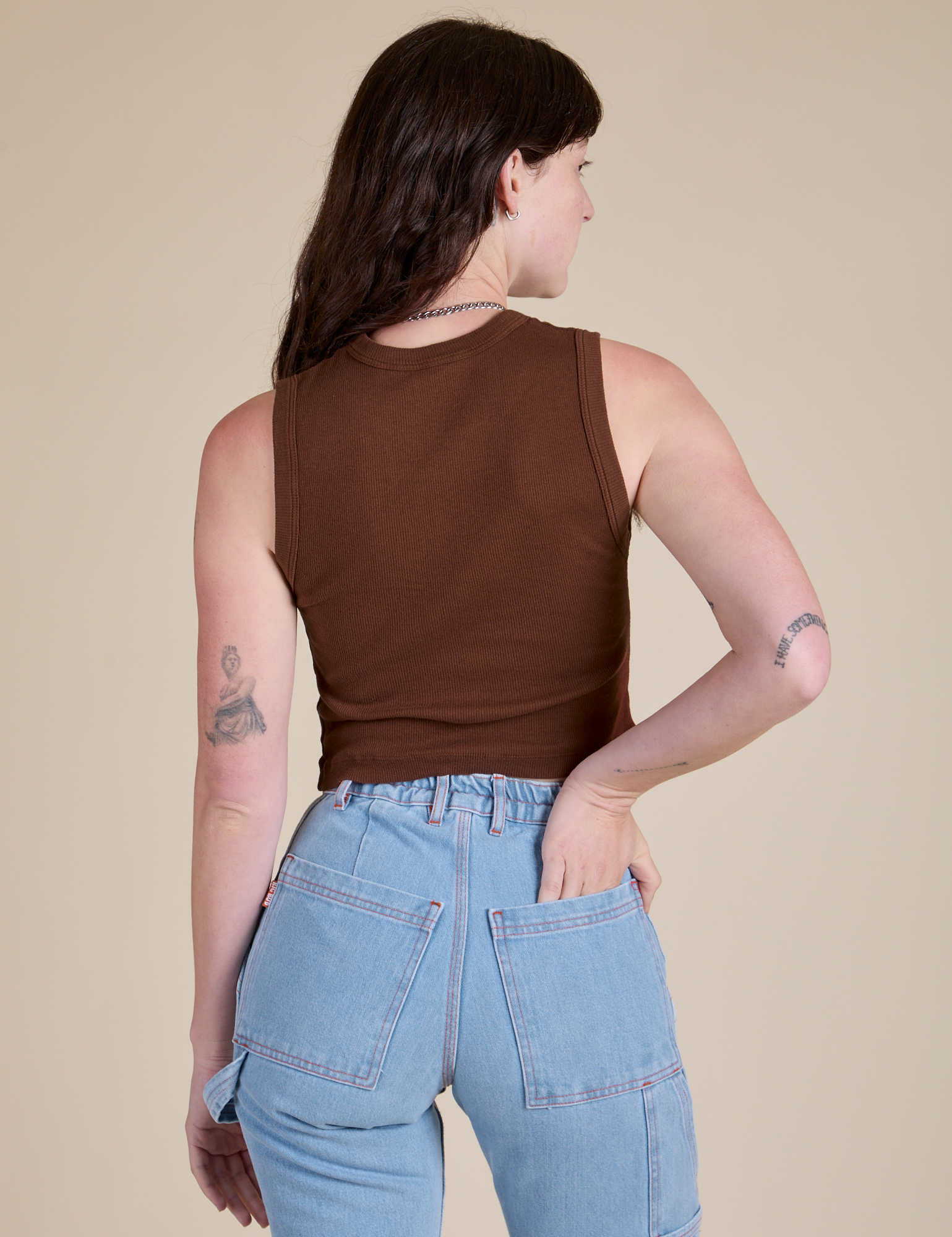 Muscle Tee in Fudgesicle Brown back view on Alex