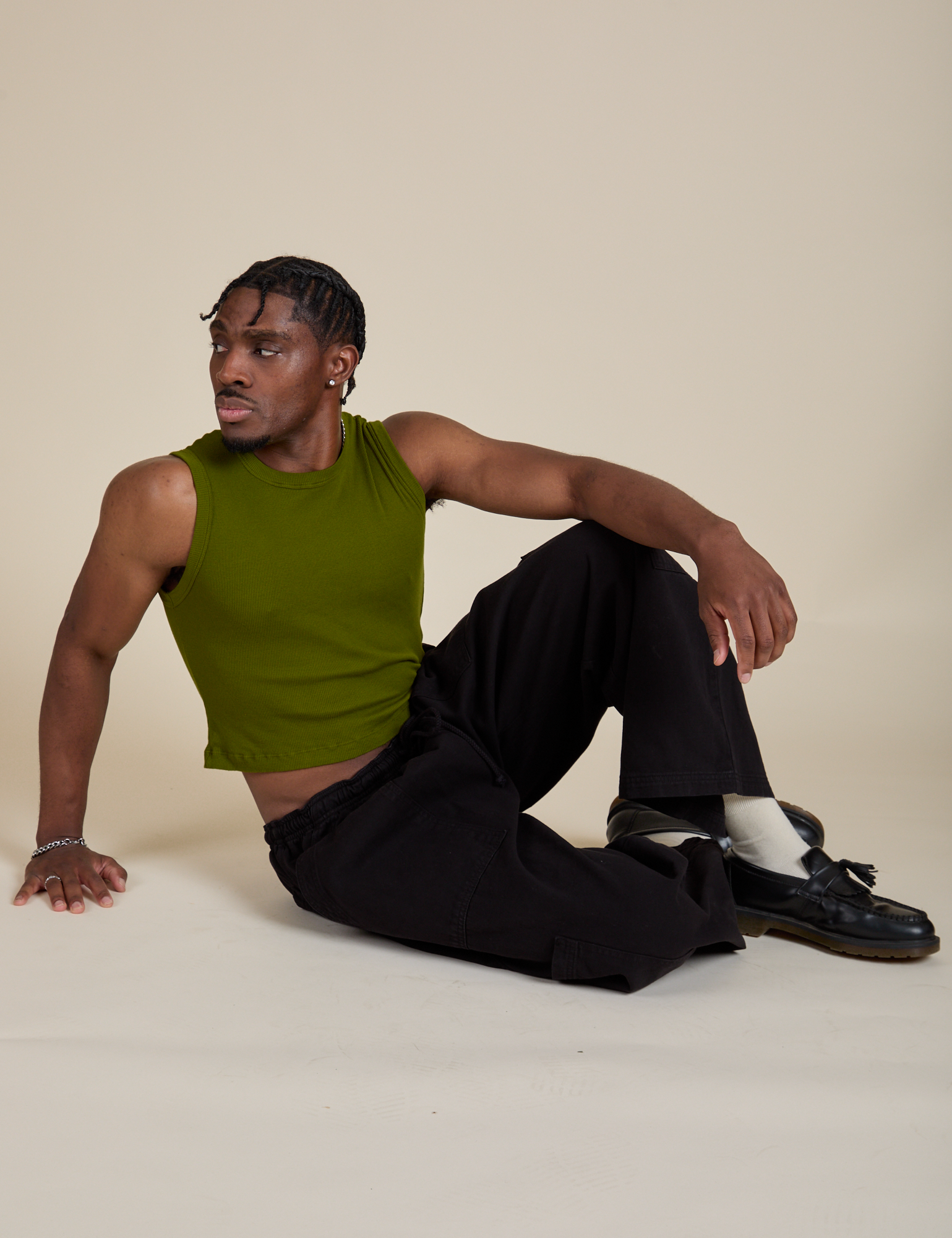 Muscle Tee in Summer Olive and black Drop Pocket Cargo Pants worn by isaac