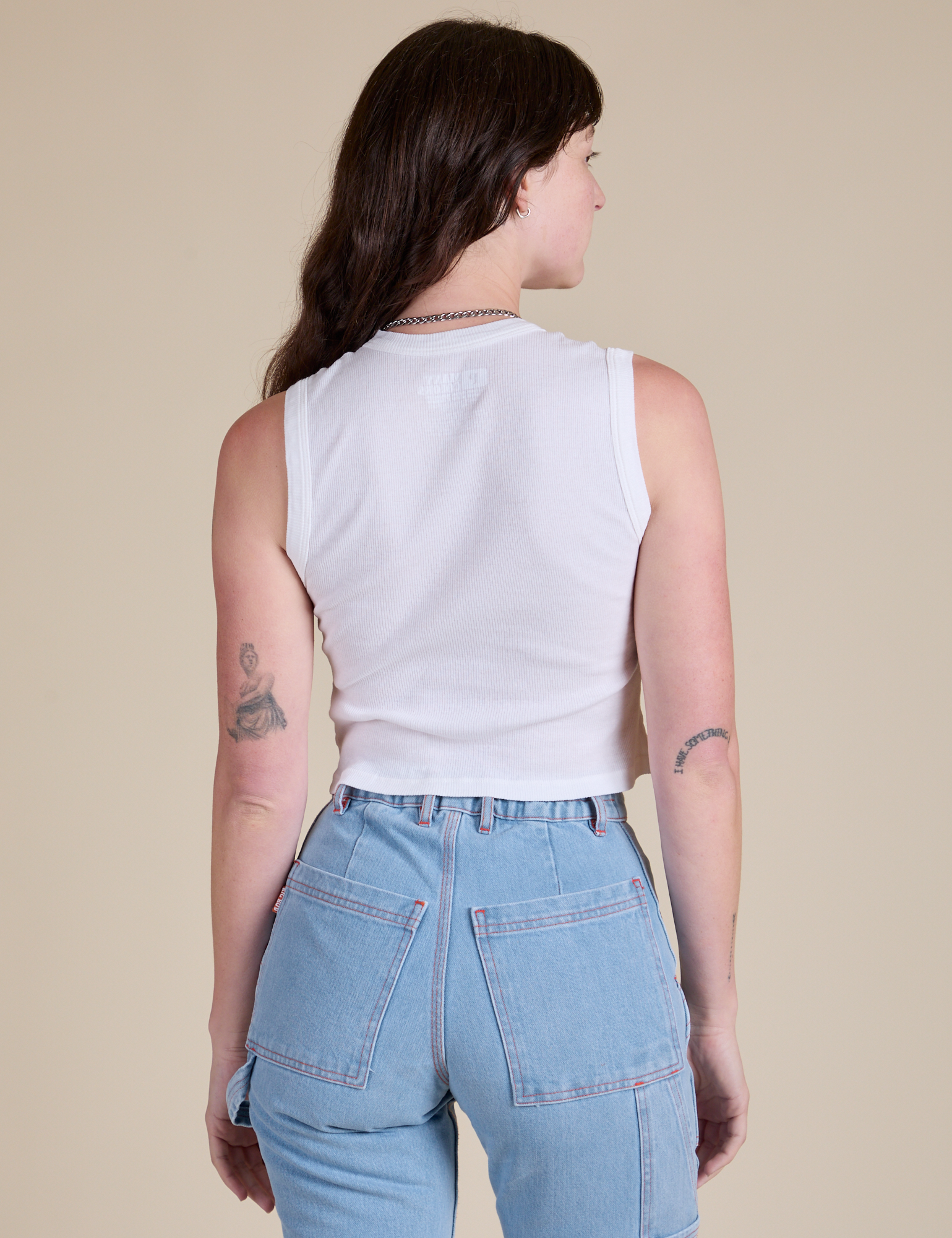 Muscle Tee in Vintage Tee White back view on Alex