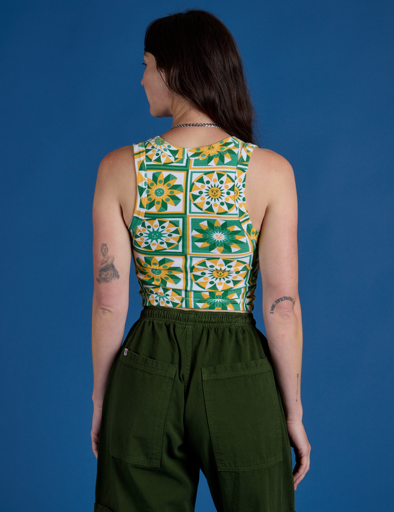 Cropped Tank Top in Spring Quilt Print back view on Alex