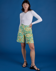 Alex is wearing Longline Work Shorts in Spring Quilt Print and vintage tee white Long Sleeve Baby Tee