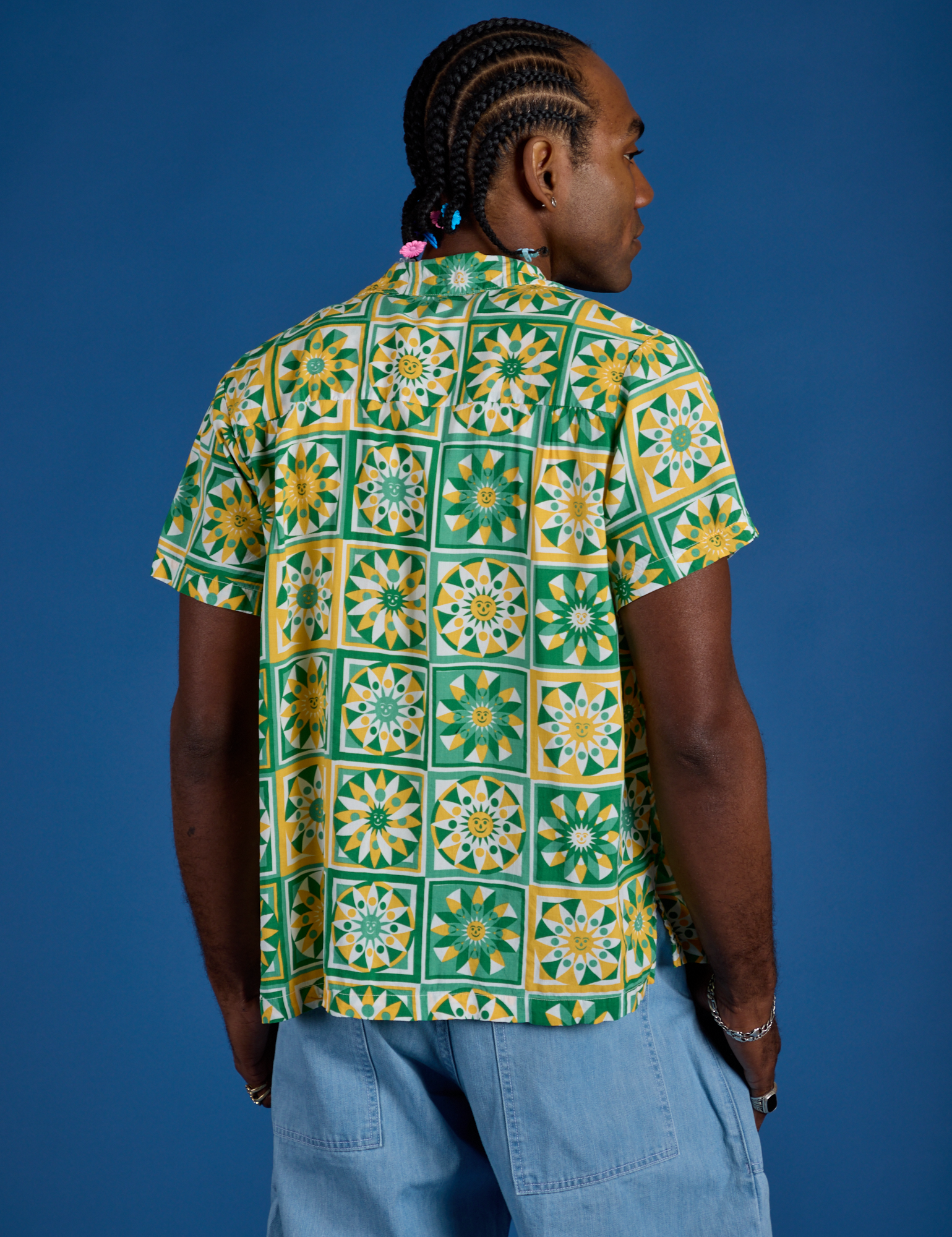 Spring Quilt Print Pantry Button-Up back view on Jerrod