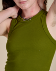 Racerback Tank in Summer Olive front close up on Alex